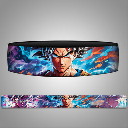 Wide band with a colorful design of a character on a gray background. Goku Ultra Instinct Belt – Dragon Ball Lever Gear