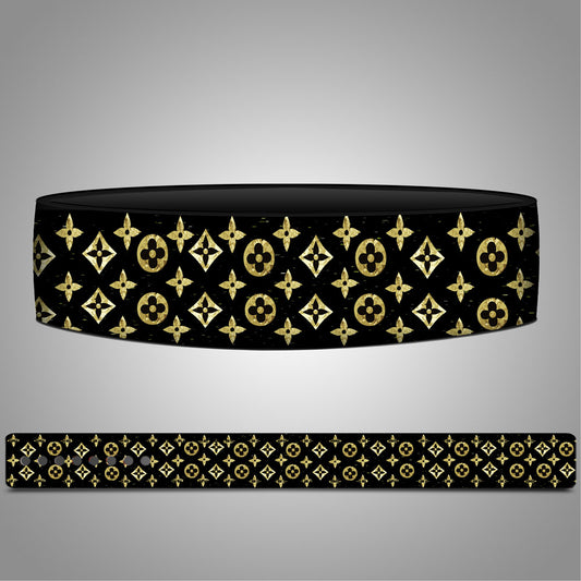 Black headband with gold pattern on a gray background Gold Luxe Weightlifting Lever Belt