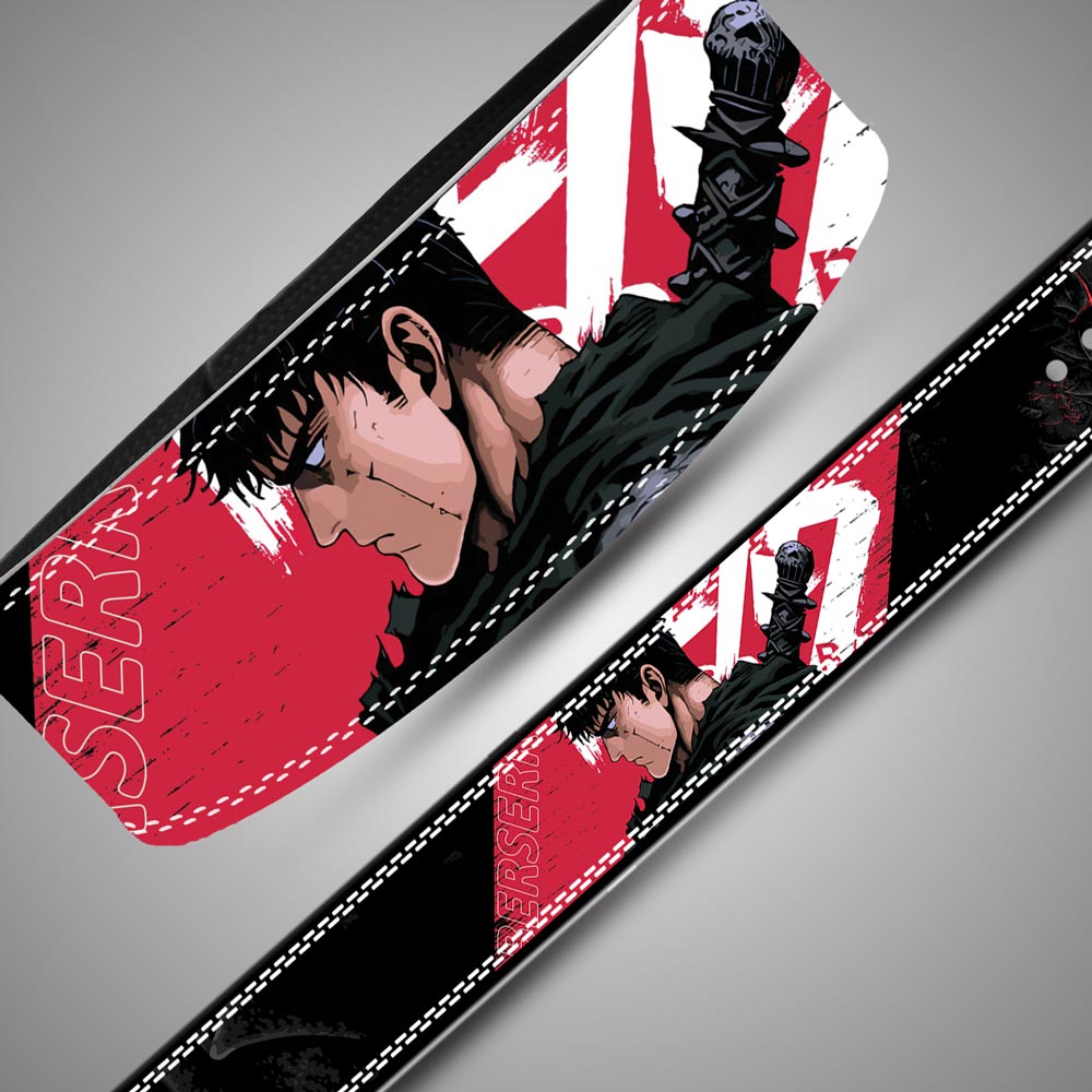 Close-up view of Guts drawing his sword on a red and white graphic leather weightlifting belt strap