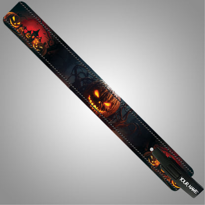Halloween Weightlifting Belt with lever buckle and haunted pumpkin artwork