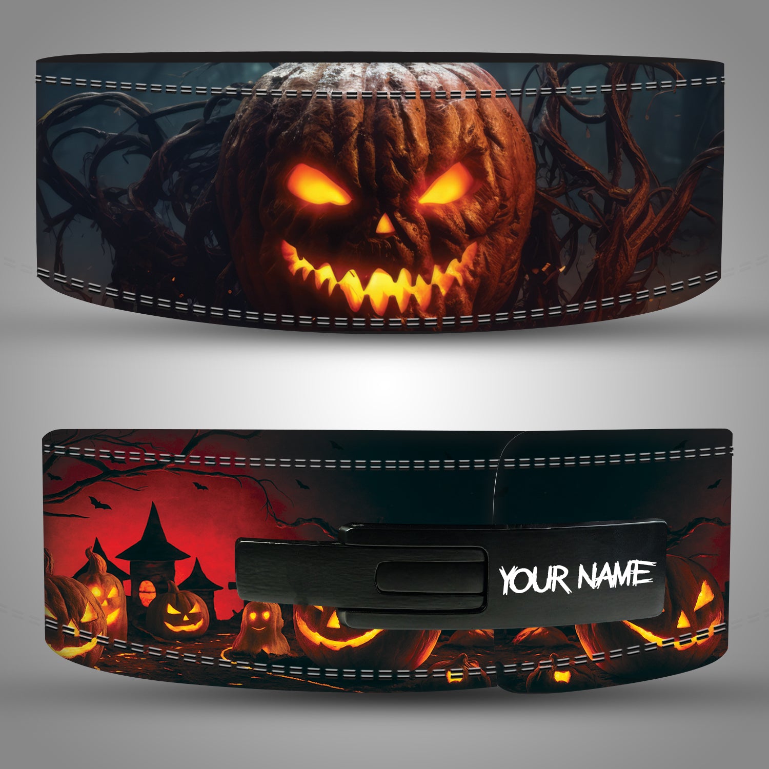 Halloween pumpkin weightlifting belt with glowing Jack O’ Lantern design.