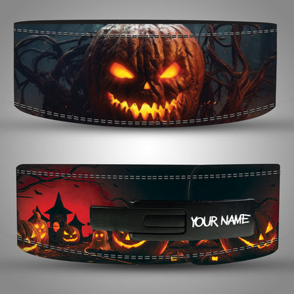 Halloween pumpkin weightlifting belt with glowing Jack O’ Lantern design.