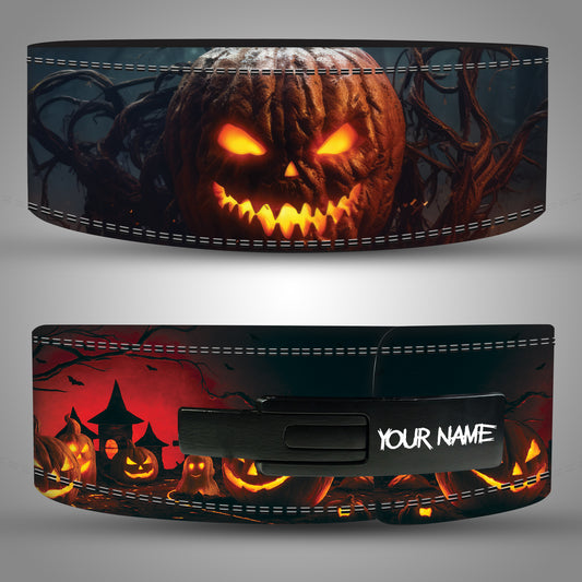 Halloween pumpkin weightlifting belt with glowing Jack O’ Lantern design.