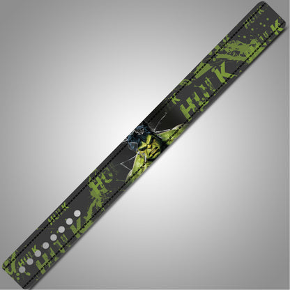 Green and black patterned Hulk Weightlifting belt on a gray background