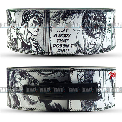 Two belt buckles with black and white illustrations and text on a white background