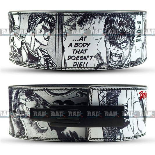 Two belt buckles with black and white illustrations and text on a white background