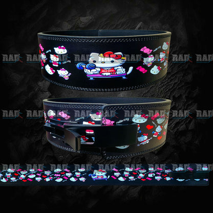 Two leather belts with Hello Kitty designs on a black background