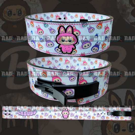 Colorful belt with Labubu character design on a dark background