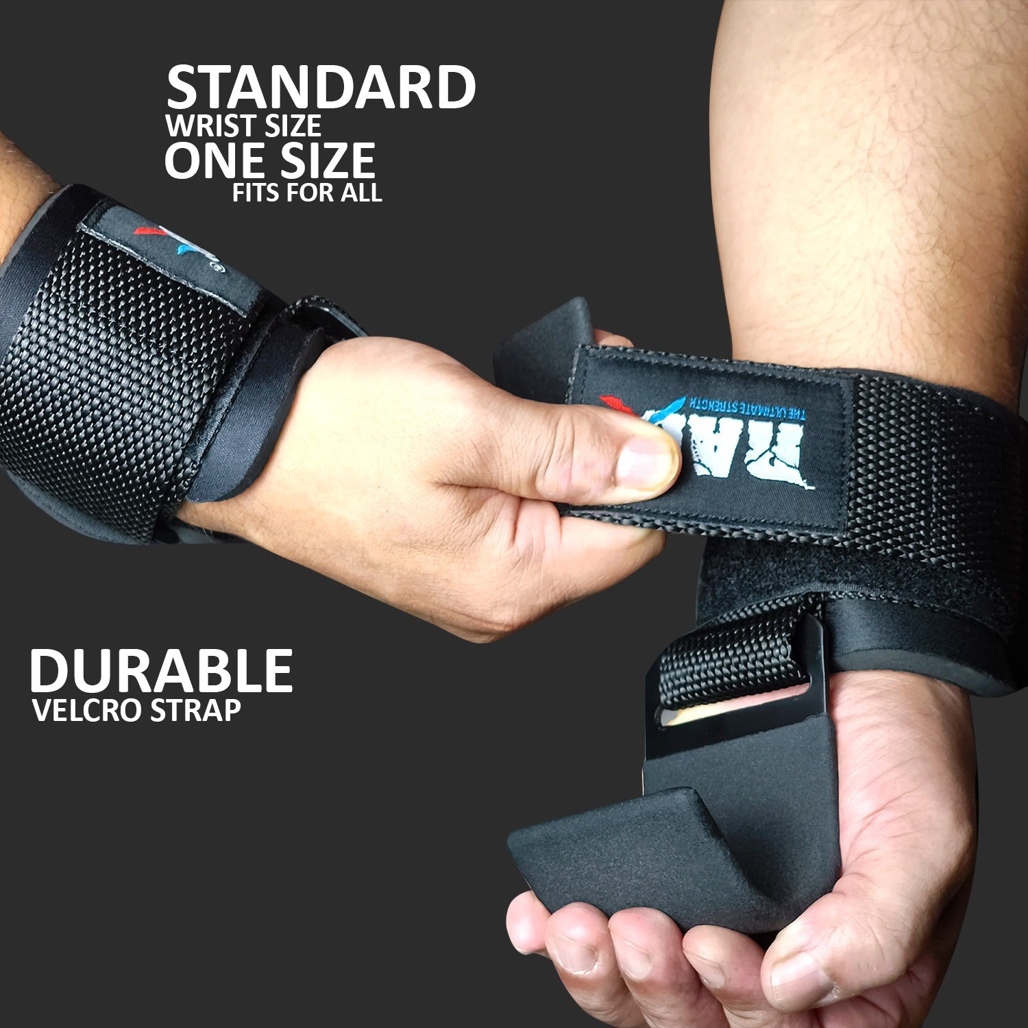 Lifestyle shot of black lifting Hooks 
used in gym workouts.