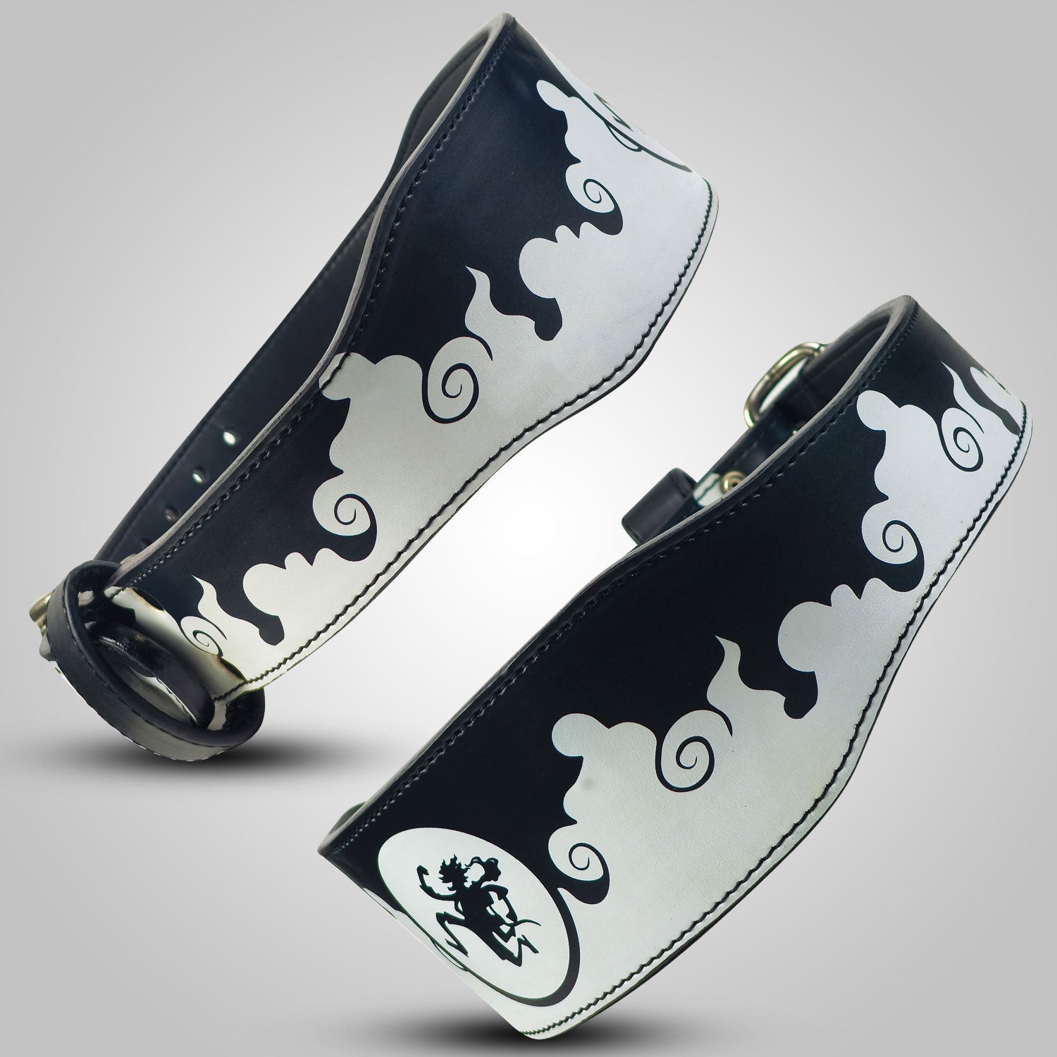 Black leather weightlifting belt with white smoke-style design and anime character Luffy Gear 5.
