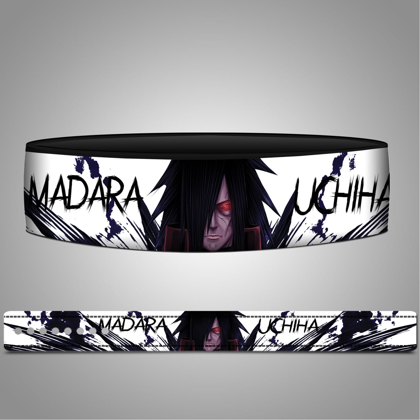 Back view of Madara leather lifting belt with black lever buckle and ink-style design