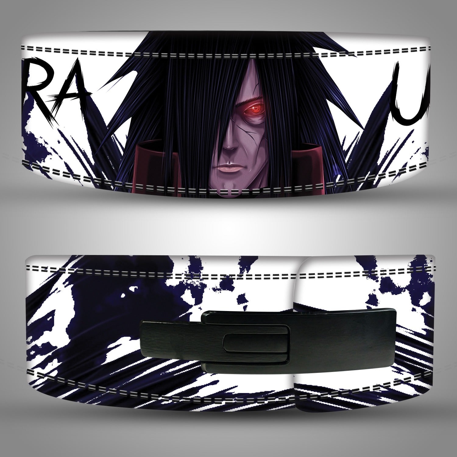 Madara Uchiha inspired weightlifting belt with anime artwork and white background, front view