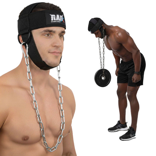Person wearing a Head HArness with chains and another person using a similar device on a white background