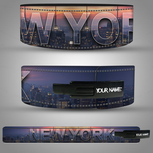 New York skyline weightlifting belt with leather lever buckle