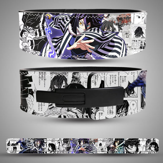 Obanai-themed weightlifting belt with manga panel design.