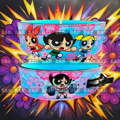 Powerpuff Girls lifting belt front view with cartoon characters and pink-blue design