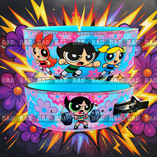 Powerpuff Girls lifting belt front view with cartoon characters and pink-blue design