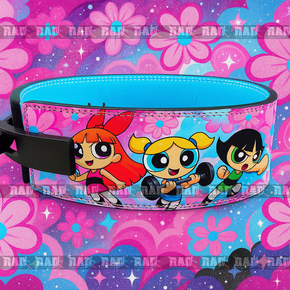 Colorful weightlifting belt featuring Powerpuff Girls with black lever buckle