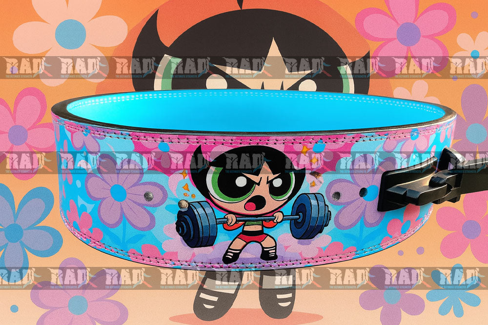 Powerpuff Girls lifting belt front view with cartoon characters and pink-blue design