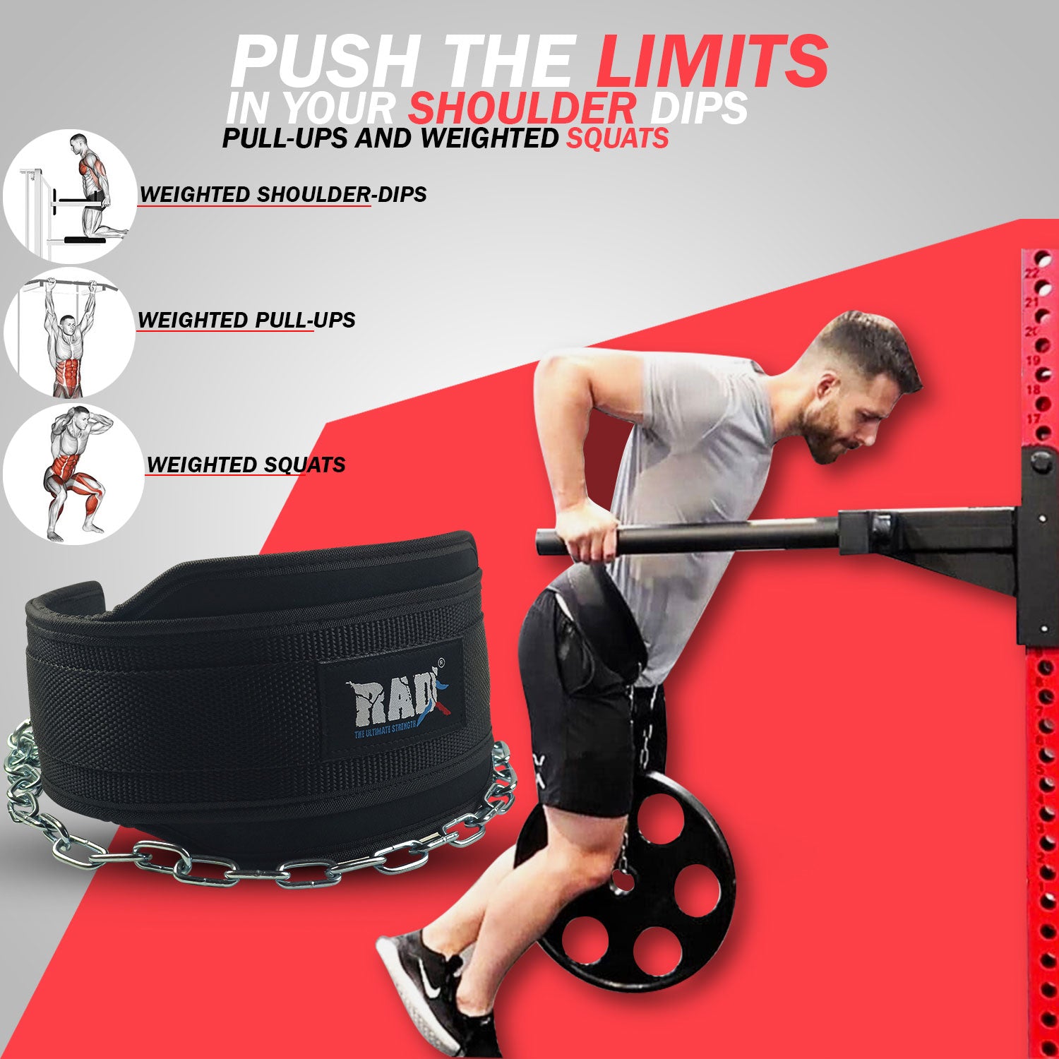 Fitness equipment with a belt and weights, featuring a man using it against a red and gray background.