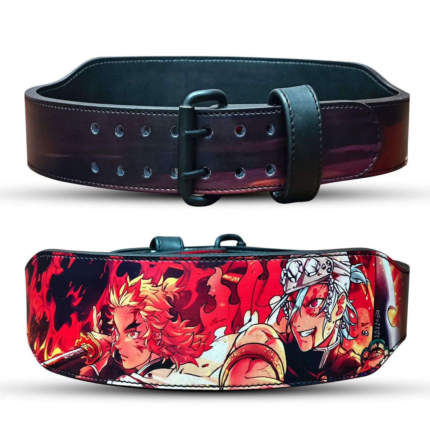 Rengoku Weightlifting belt with a colorful anime character design on a white background
