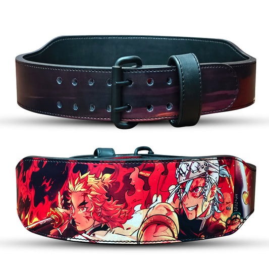 Rengoku Weightlifting belt with a colorful anime character design on a white background