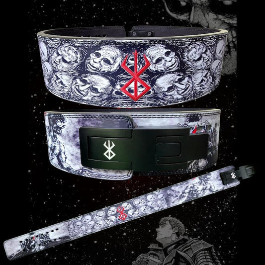 A custom-designed weightlifting lever belt featuring a dark, intricate skull pattern inspired by Berserk. The belt has a red embroidered logo in the center and a black metal lever buckle with a white rune symbol. The background includes a cosmic skull illustration, enhancing the gothic aesthetic