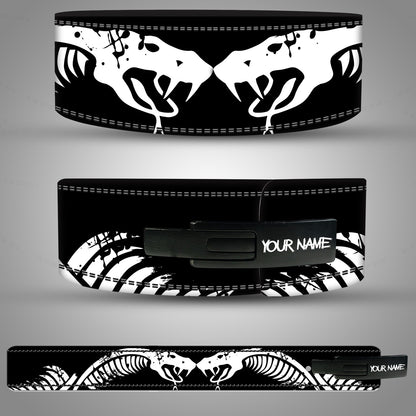 Black and white Snake-patterned Weightlifting belt with 'Your Name' label on a gray background