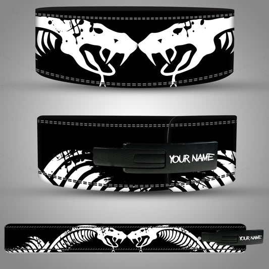 Black and white Snake-patterned Weightlifting belt with 'Your Name' label on a gray background