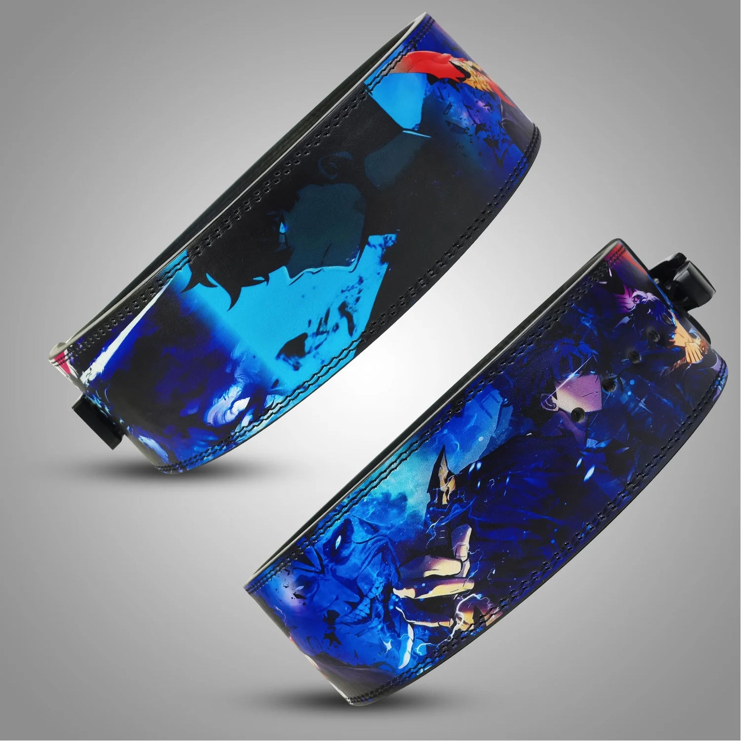 Two blue and black Weightlifting beltwith artistic design on a gray background
