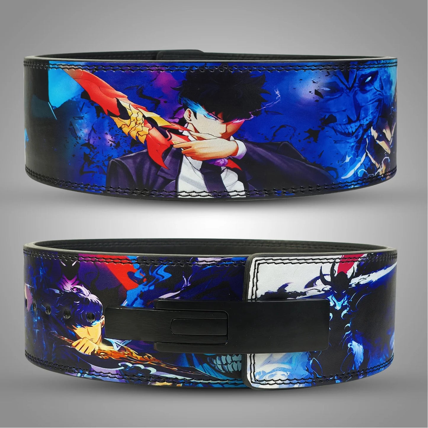Solo Leveling Belt with anime-style design featuring characters and vibrant colors on a gray background