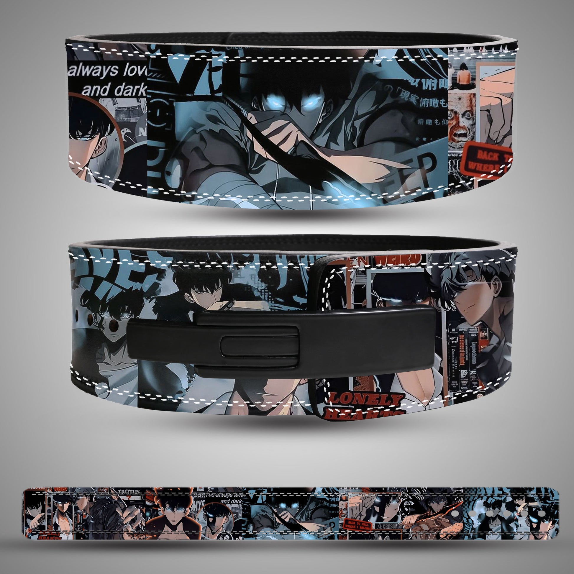 Custom Sung Jinwoo weightlifting belt featuring dark blue and black manga design from Solo Leveling anime.