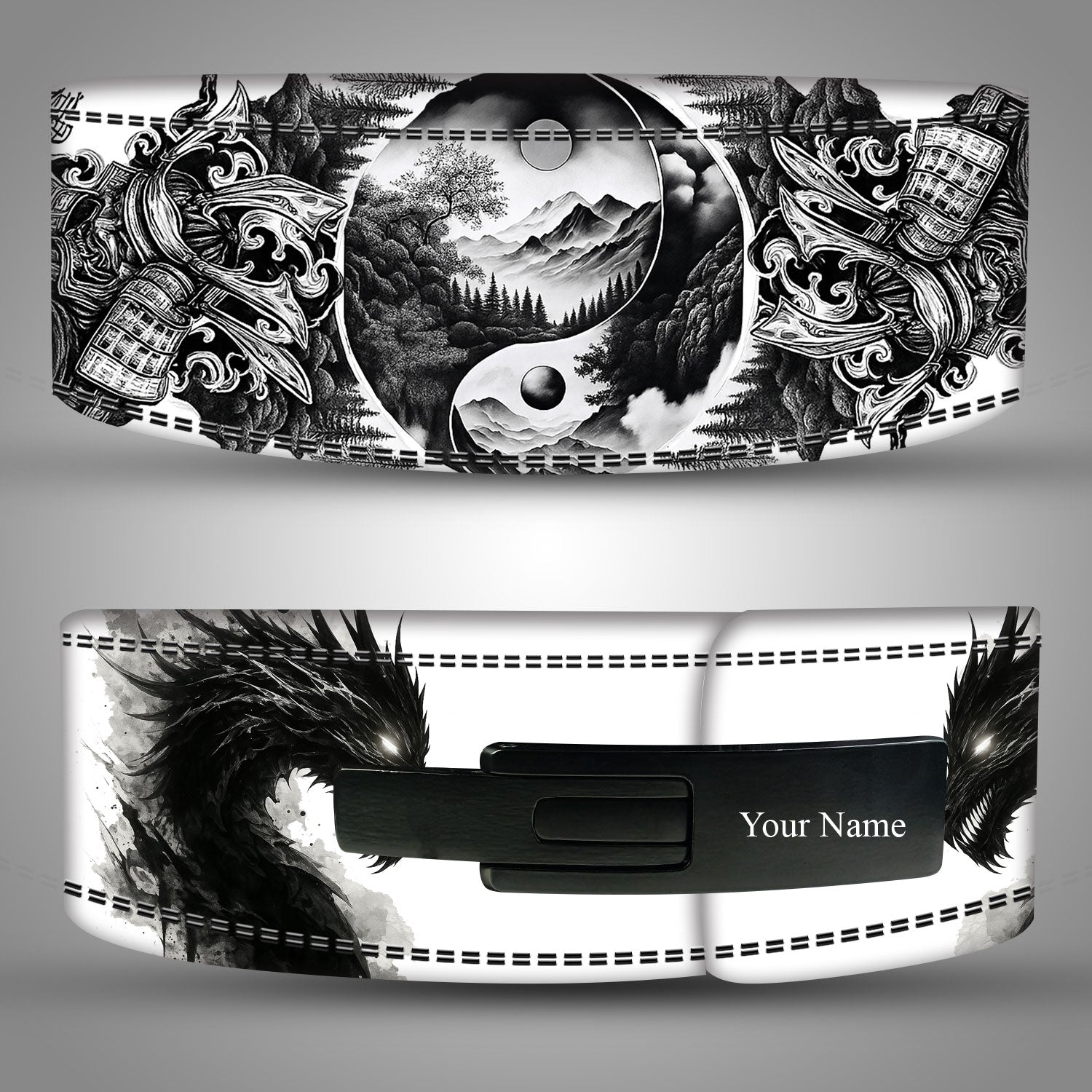 Tattoo style custom weightlifting belt with yin-yang and samurai design.