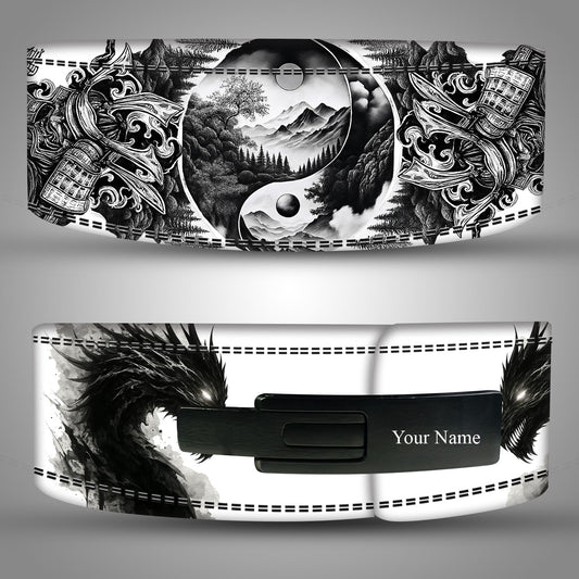Tattoo style custom weightlifting belt with yin-yang and samurai design.