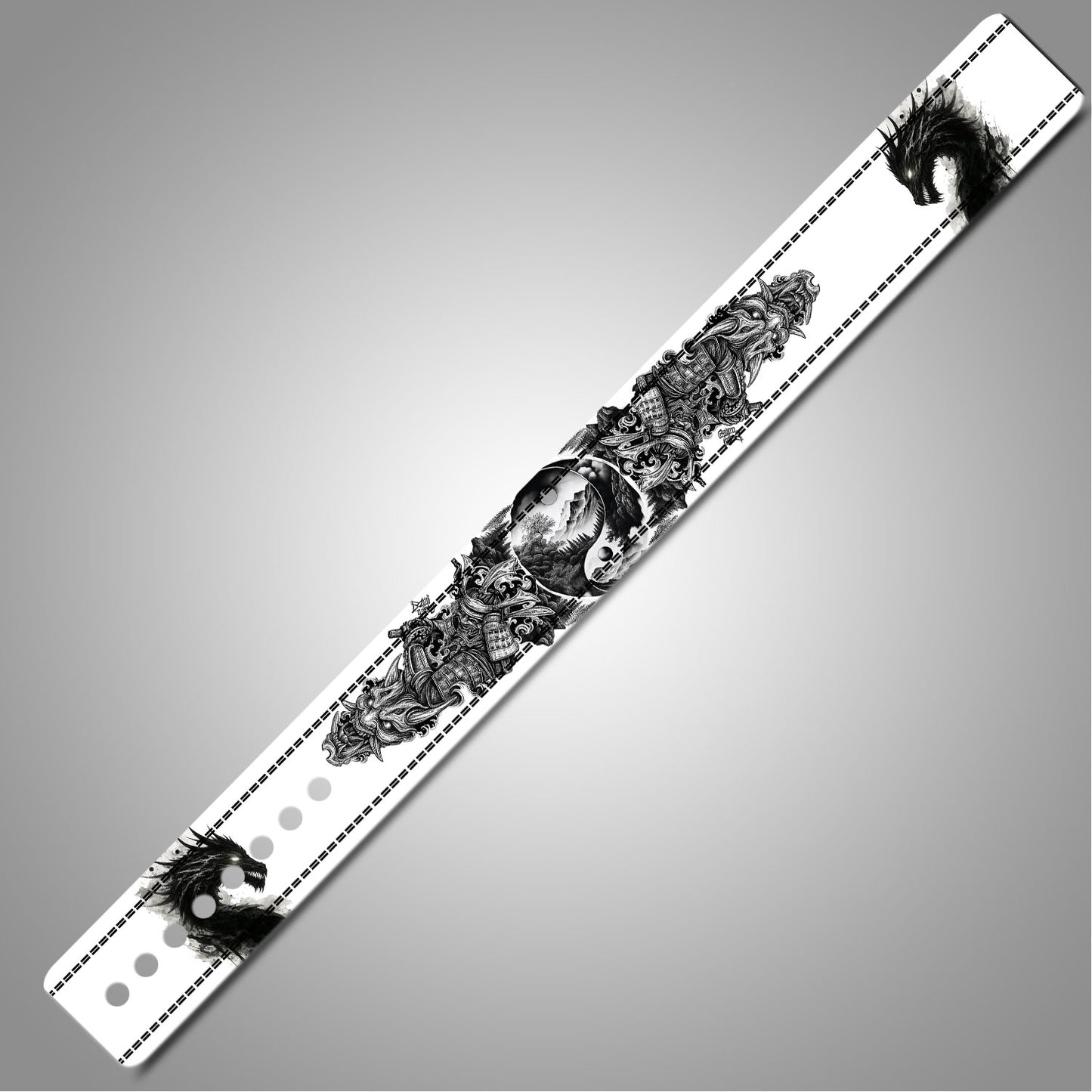 Tattoo style leather lifting belt with dragon art and lever buckle.