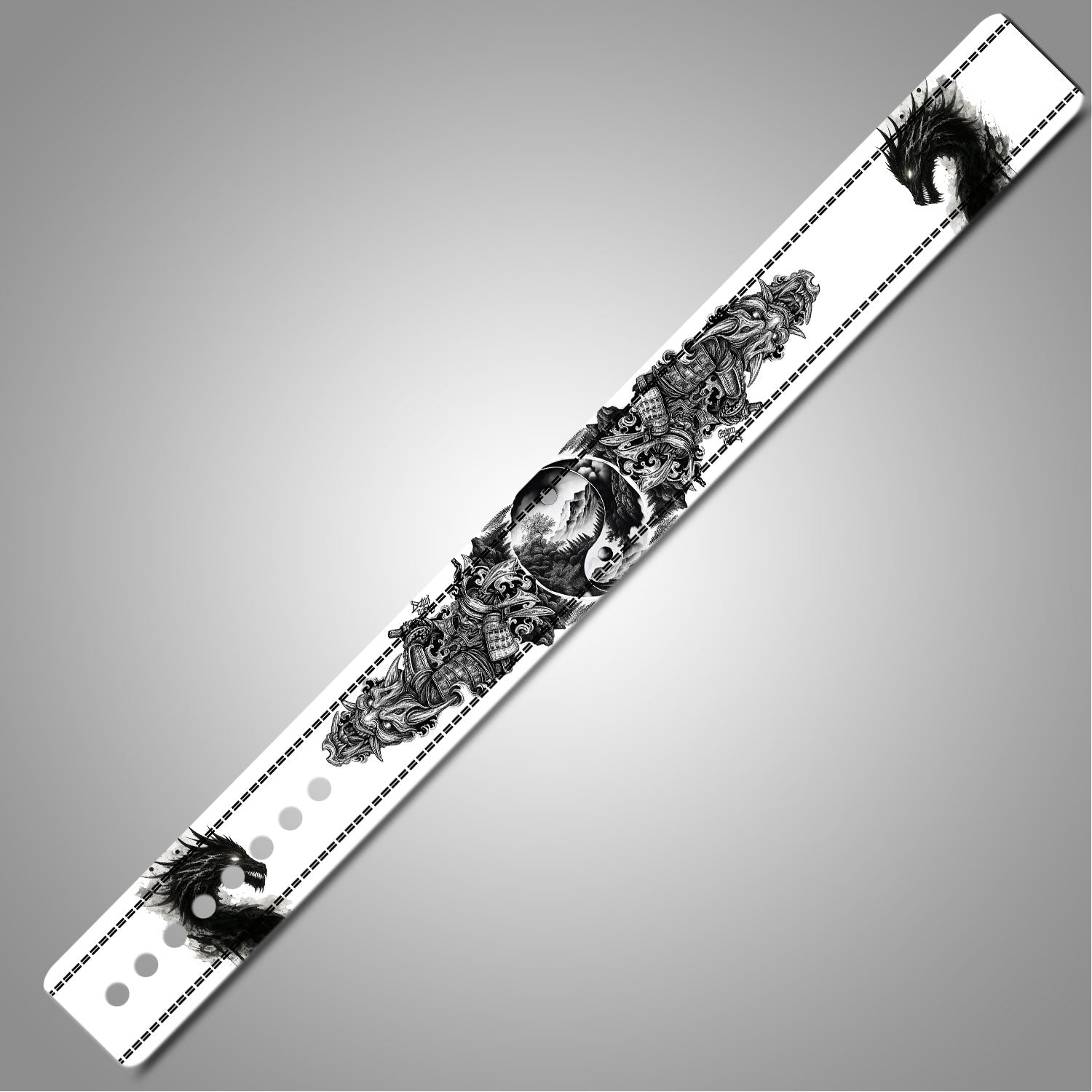 Tattoo style leather lifting belt with dragon art and lever buckle.