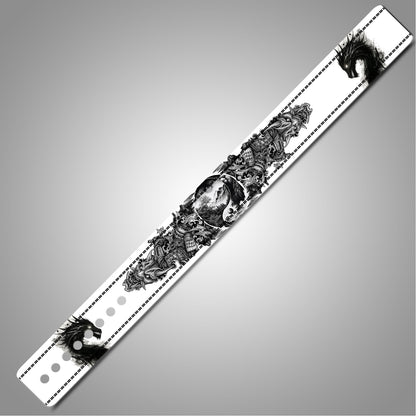 Tattoo style leather lifting belt with dragon art and lever buckle.