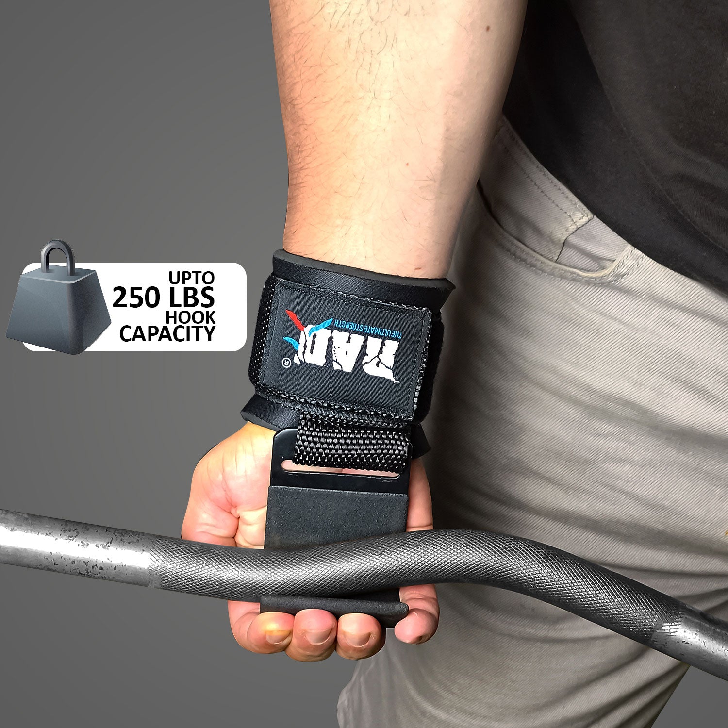 Person using a black wrist support with a weightlifting strap, featuring a Radlogo, on a gray background.