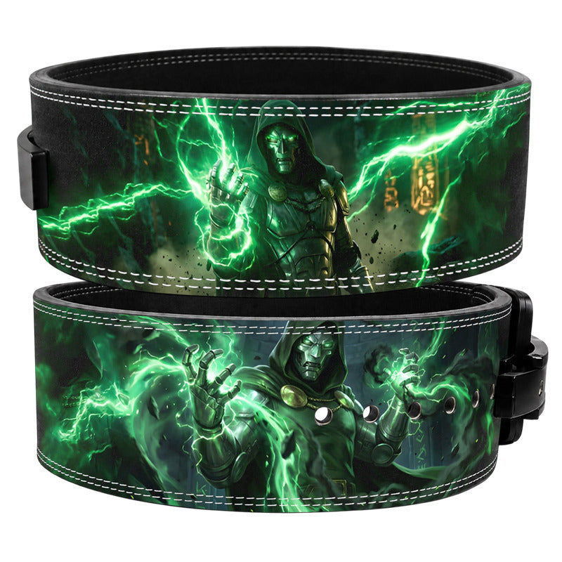 Doctor Doom themed leather weightlifting belt with green lightning graphic and lever buckle for powerlifting