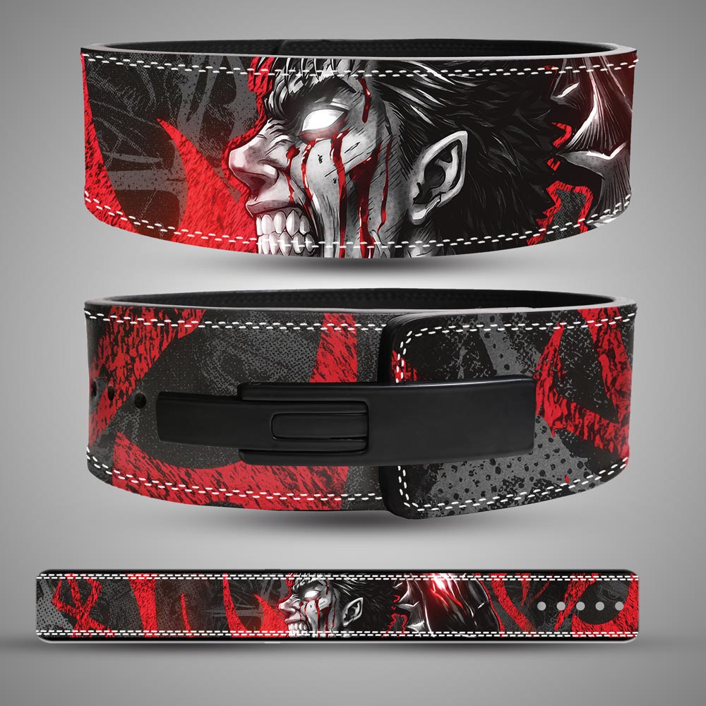 Guts Berserker Armor anime weightlifting lever belt showing front buckle and strap artwork