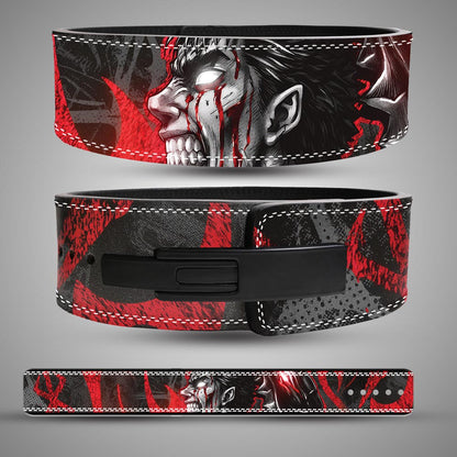 Guts Berserker Armor anime weightlifting lever belt showing front buckle and strap artwork