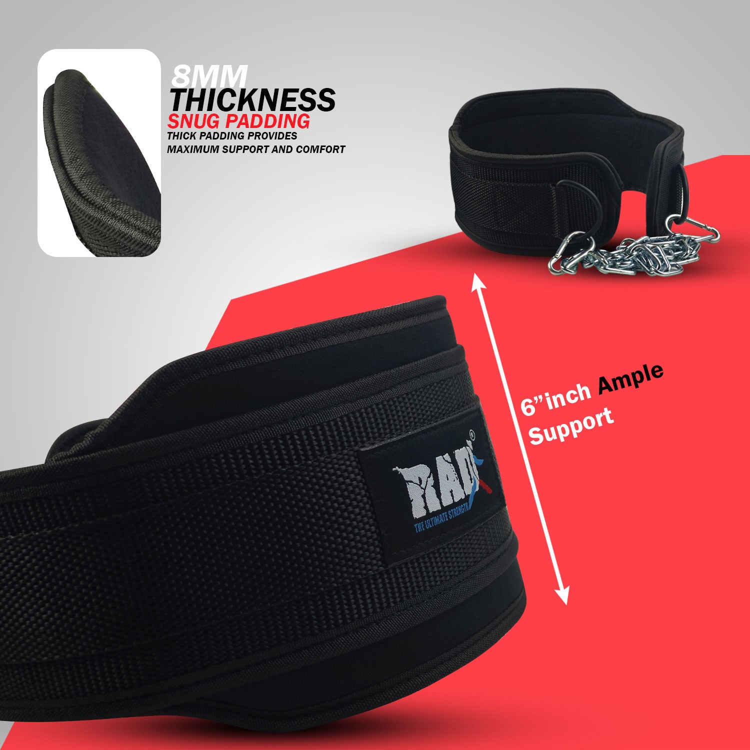 Black Dip belt with Chainand support features on a red and gray background