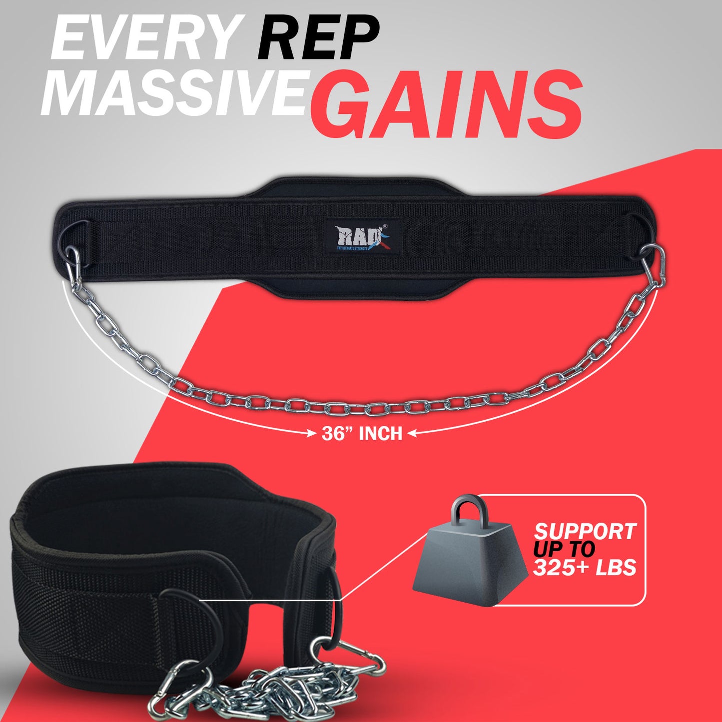 Black Dip belt with chain and support information on a red and gray background
