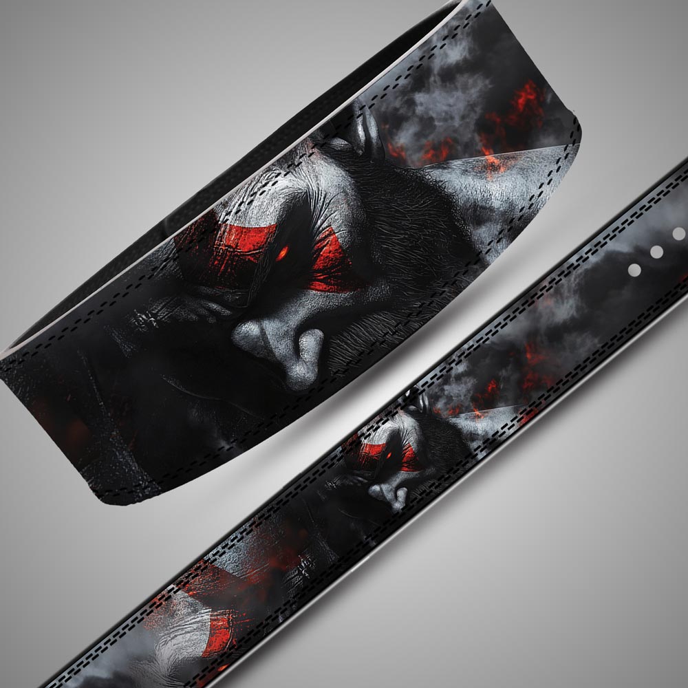 God of War weightlifting belt featuring Kratos with his red facial tattoo and glowing red eye, finished with dark double stitching.