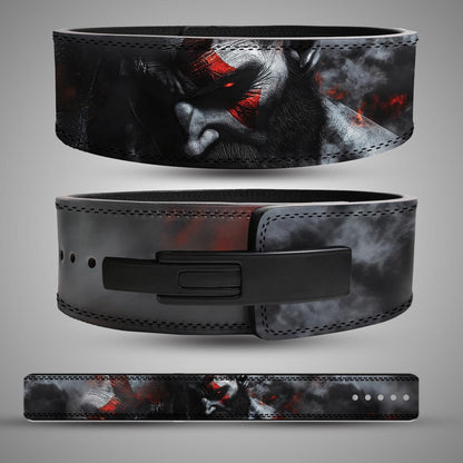God of War weightlifting belt showing the back Kratos portrait, the front view with a black lever buckle, and the full flat design layout.