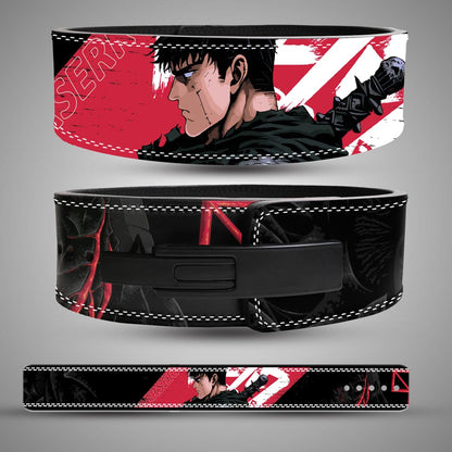 Berserk Guts anime leather lever lifting belt with crimson moon graphic and black hardware