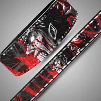 Close-up of Guts blood-streaked face print and double stitching on anime lifting belt