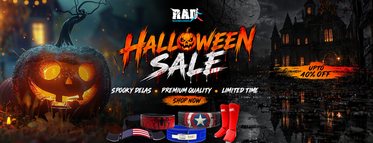 RAD Ultimate Halloween sale: up to 40% off weightlifting belts, arm blasters and shin guards, with a glowing pumpkin and haunted house