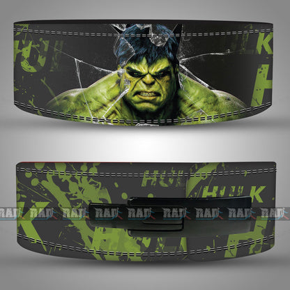 Hulk inspired 10mm leather lever weightlifting belt – front design with green graphic.