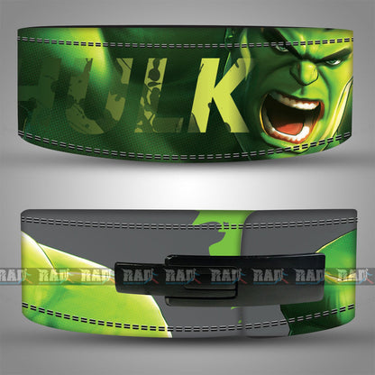Back side of Hulk design lifting belt showing lever buckle and durable build.